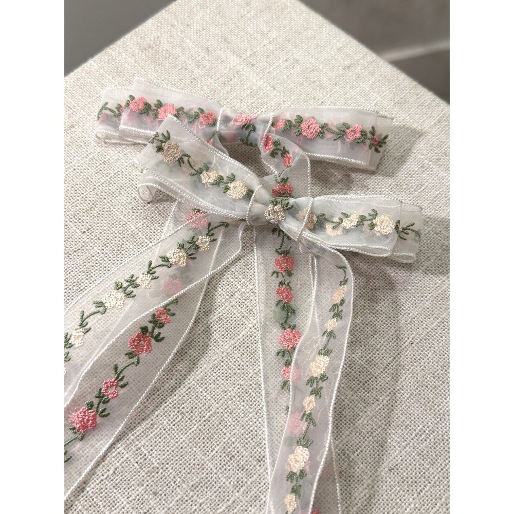 organza set hair bows long floral feminine‎ cottagecore cute lolita cream pink